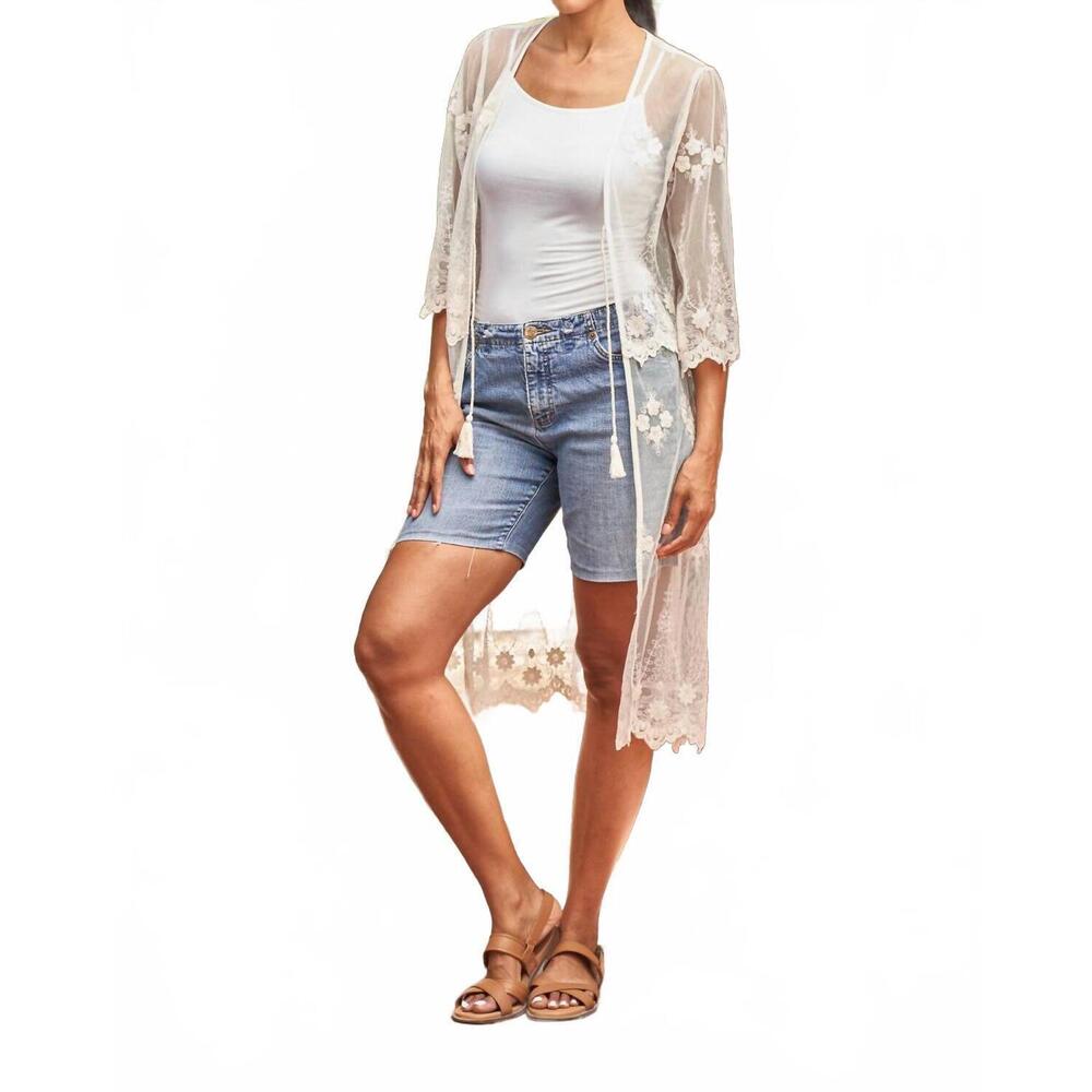 NEW PAPARAZZI embroidered mesh duster with tie front in natural - Picture 7 of 8